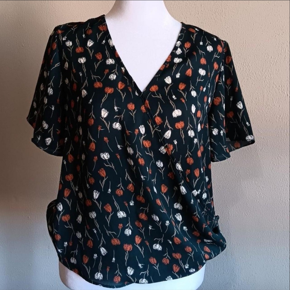 Forest Green & Roses Cottage Blouse By Sienna Sky, Womens Small Floral Wrap Top